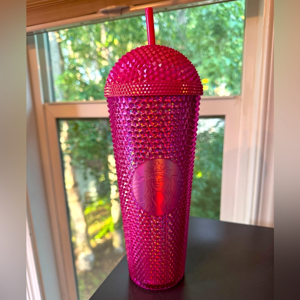 NWT Starbucks Iridescent Vibrant Pink Bling Studded Frappuccino Dome Tumbler